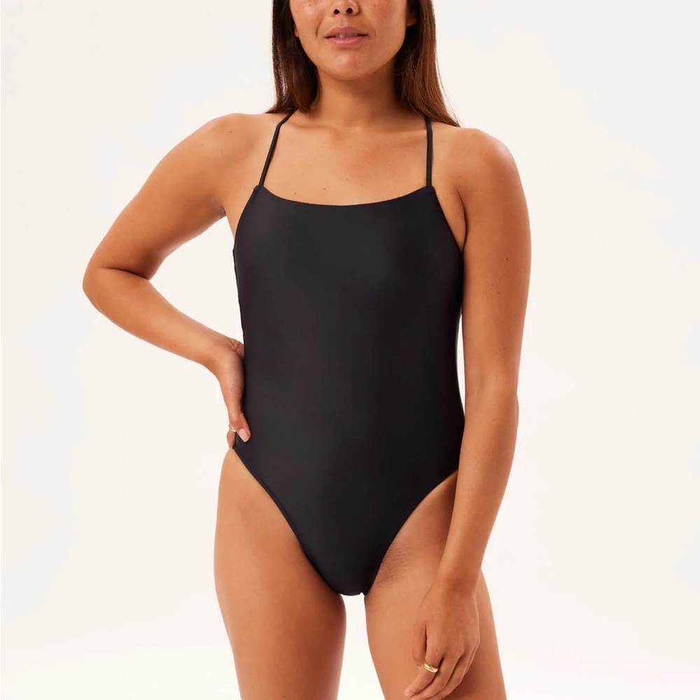 Girlfriend Collective Black Byron Straight Neck One Piece Swimsuit